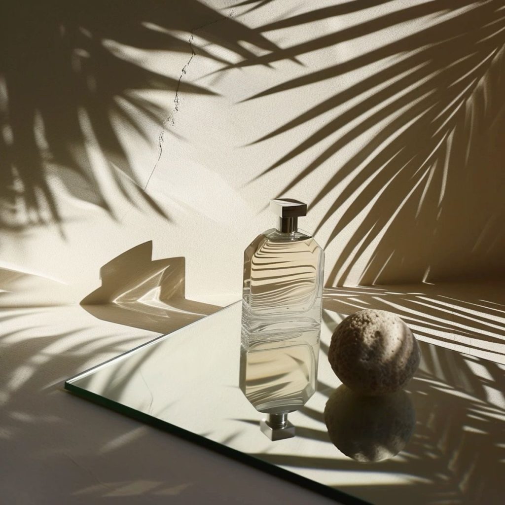 An image of SOLEA Parfum fragrance bottle in direct sunlight.
