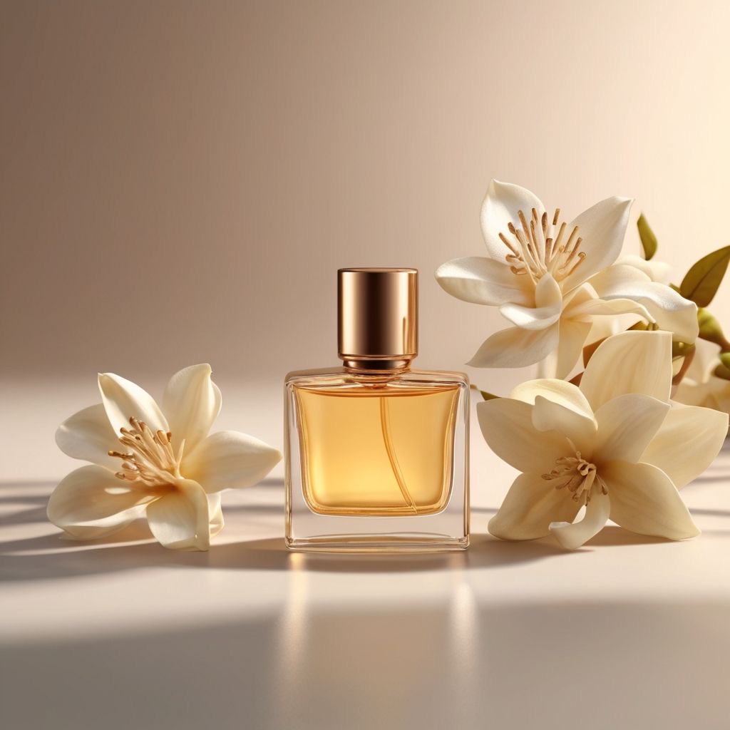 A perfume bottle surrounded with white vanilla orchids