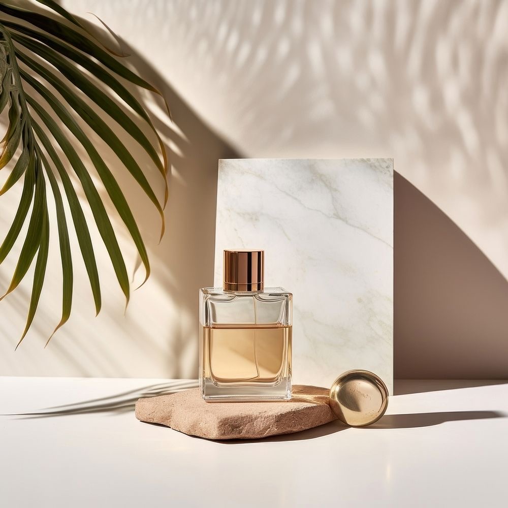 A photography of a perfume bottle surrounded by props like marble plate and a palm